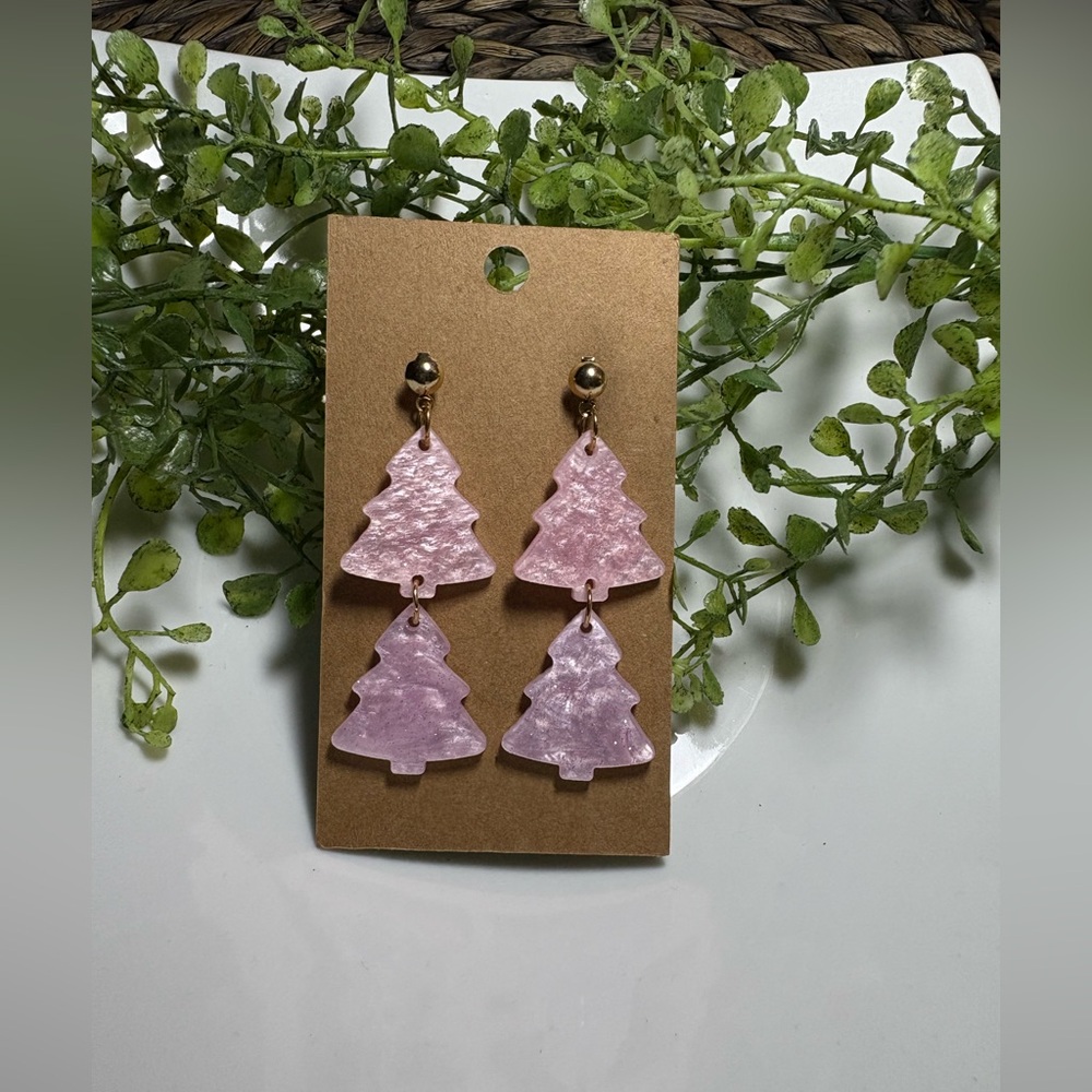 Pink Christmas Tree Dangle Earrings